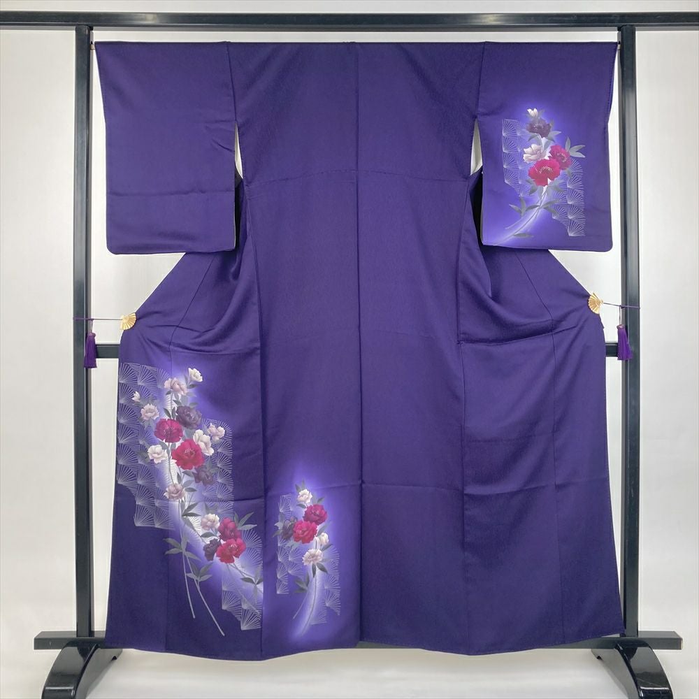 中古）訪問着 江戸紫 セミフォーマル 地紋織り 染め 四季の草花 袷 S