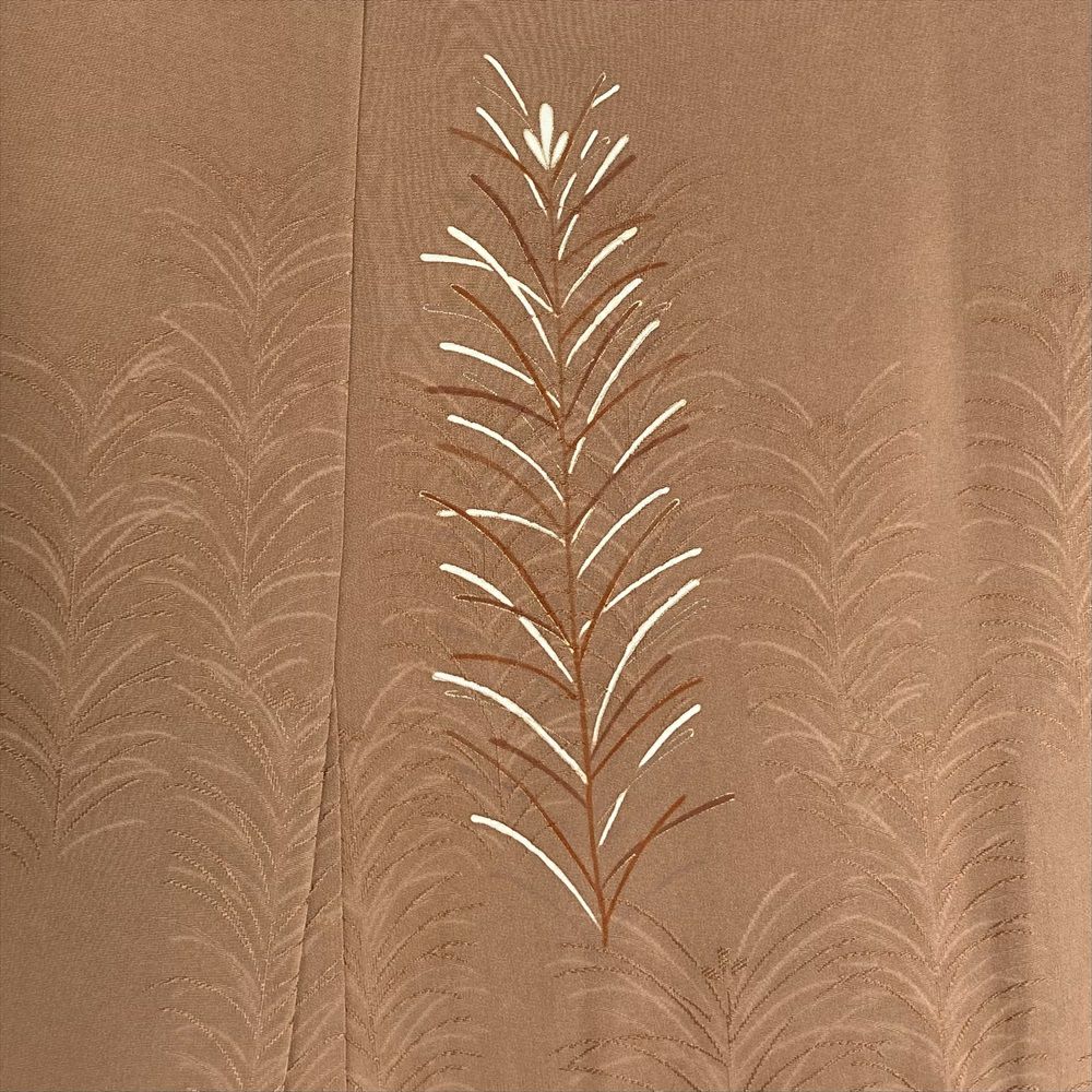 中古）訪問着 茶 セミフォーマル 地紋織り 染め 一つ紋 刺繍 金彩 若杉