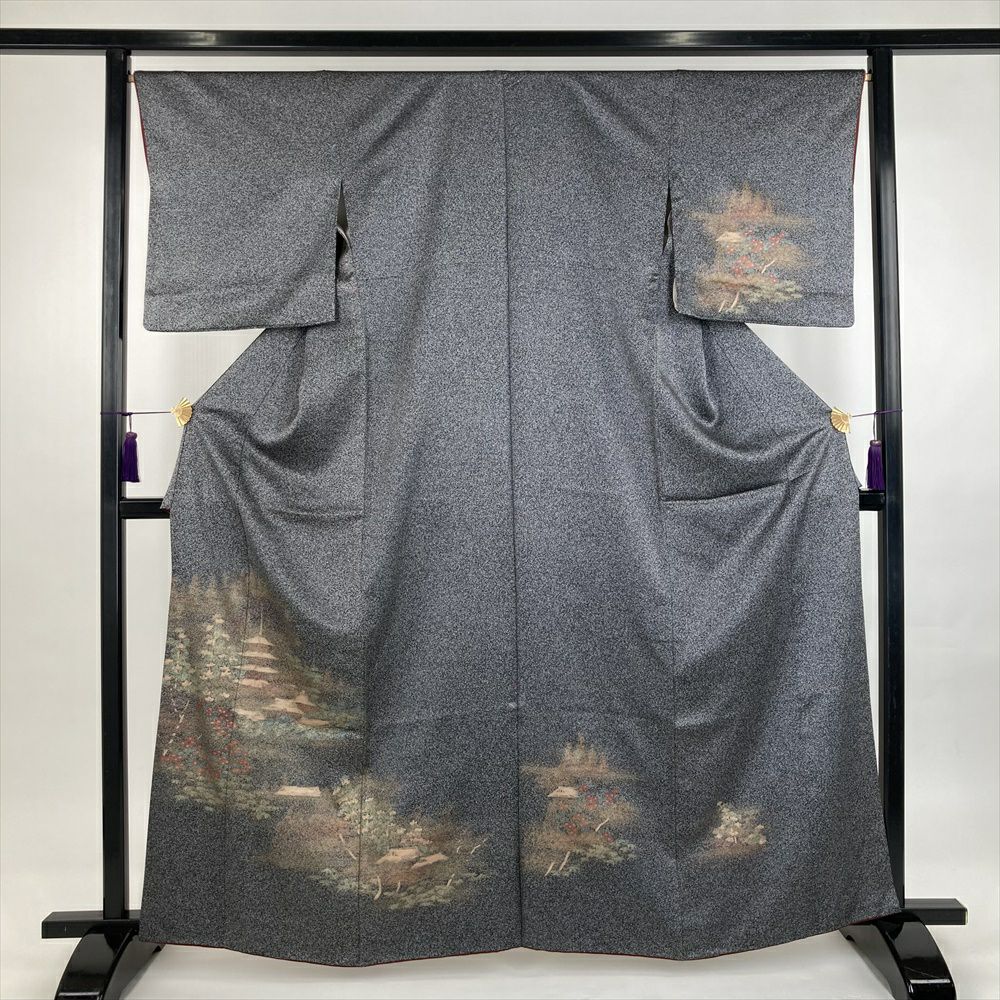中古）訪問着 フォーマル 黒 袷 よろけ縞 古典柄 草花 S【身丈】156.5
