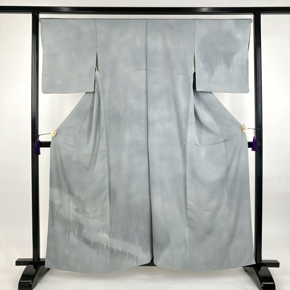 中古）訪問着 灰青 グレー セミフォーマル 染め 牡丹 千両 袷 S【身丈