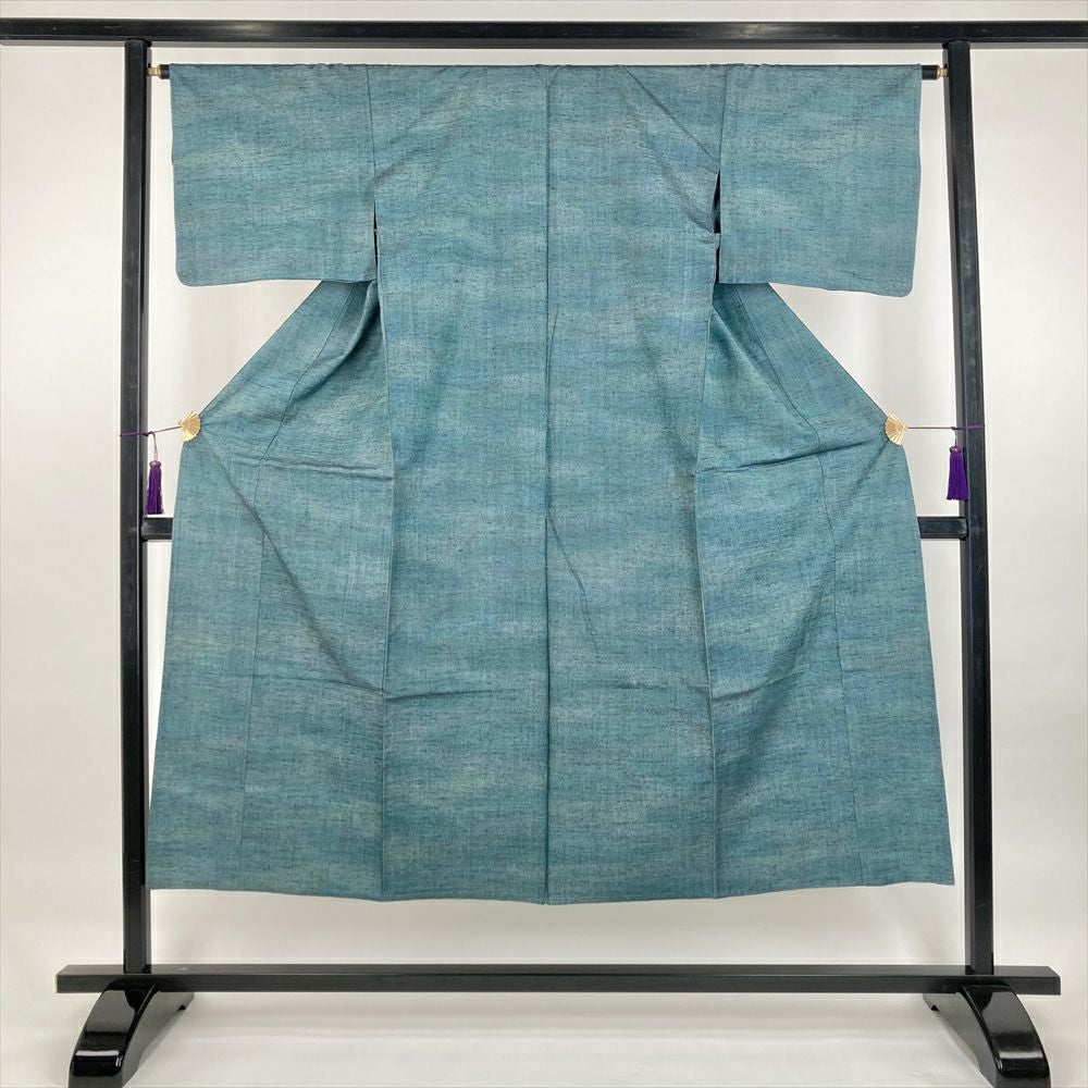 中古）単衣紬 薄青緑 カジュアル 織り 幾何学 ひとえ SS【身丈】150cm