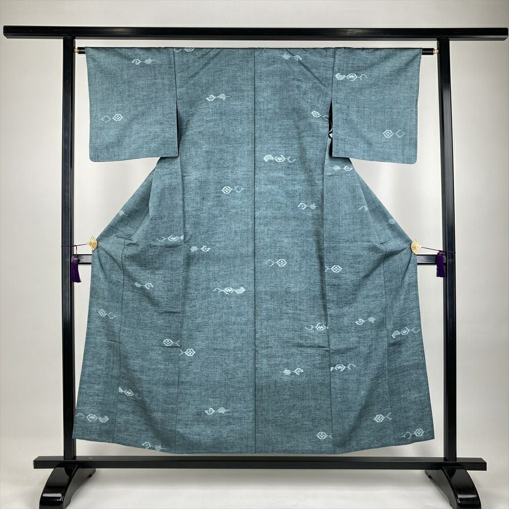中古）単衣紬 薄青緑 カジュアル 織り 幾何学 ひとえ SS【身丈】150cm