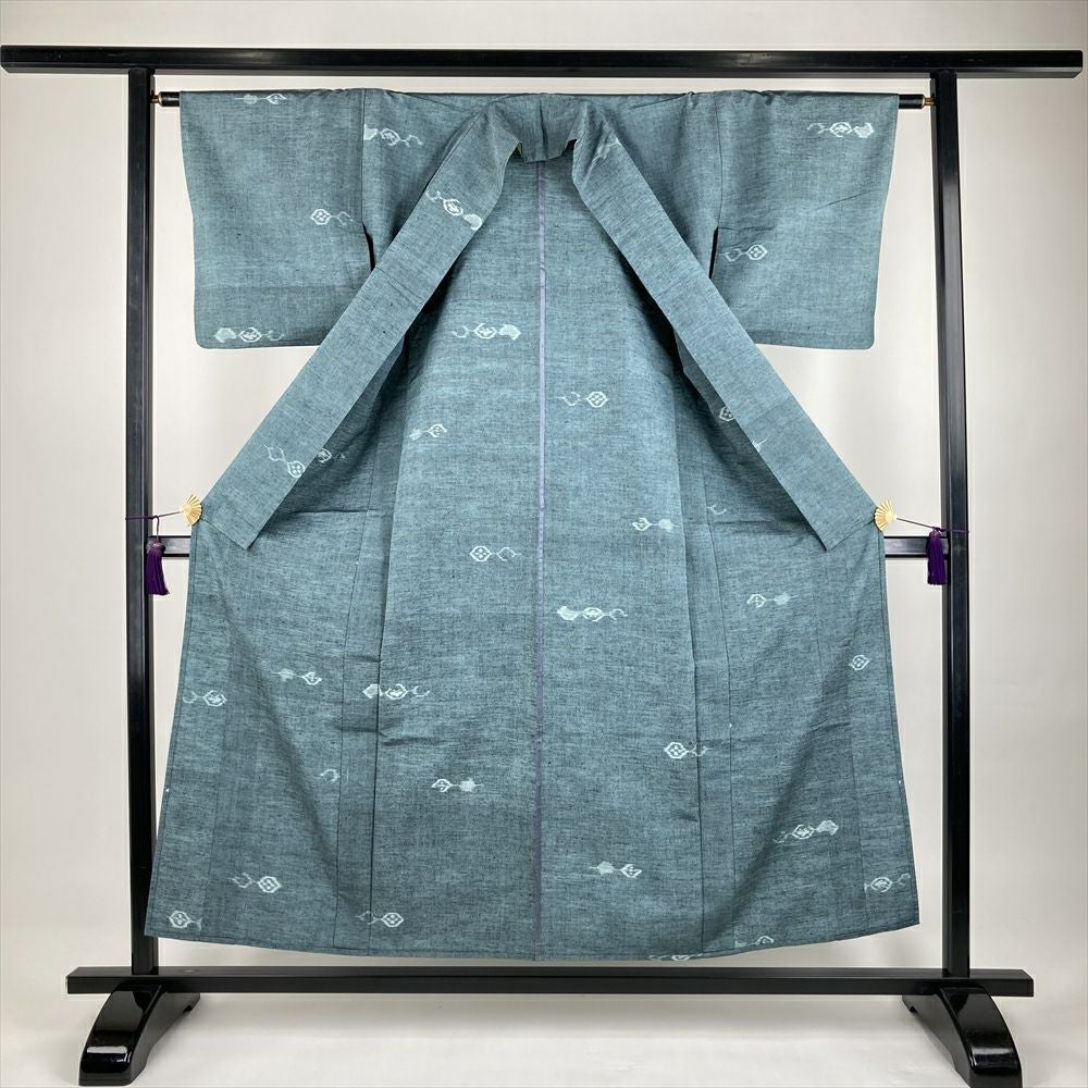 中古）単衣紬 薄青緑 カジュアル 織り 幾何学 ひとえ SS【身丈】150cm