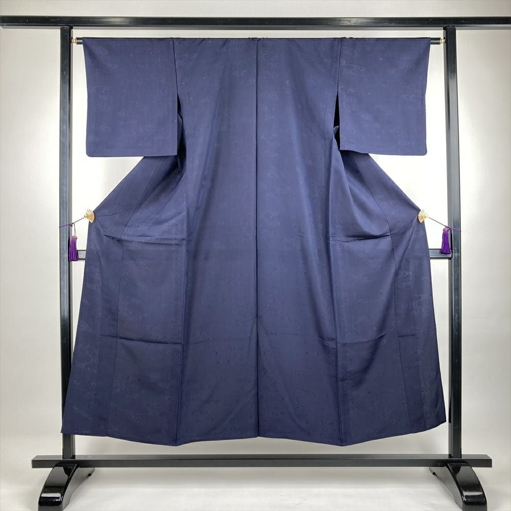中古）単衣紬 濃紺 カジュアル 織り 菱取り 華文 ひとえ SS【身丈