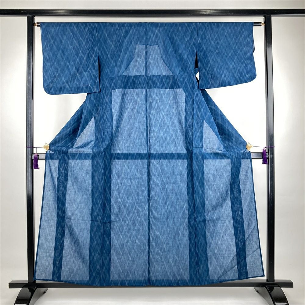 中古）夏紬 青 カジュアル 織り 菱 絣調 S【身丈】155cm【裄丈】62.5cm