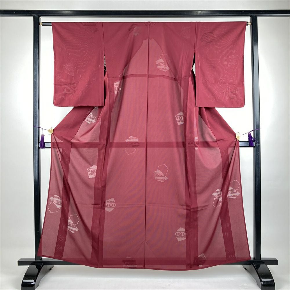 中古） 夏紬 赤 生成 カジュアル 絣 屋根瓦柄 S 【身丈】155.5cm【裄丈