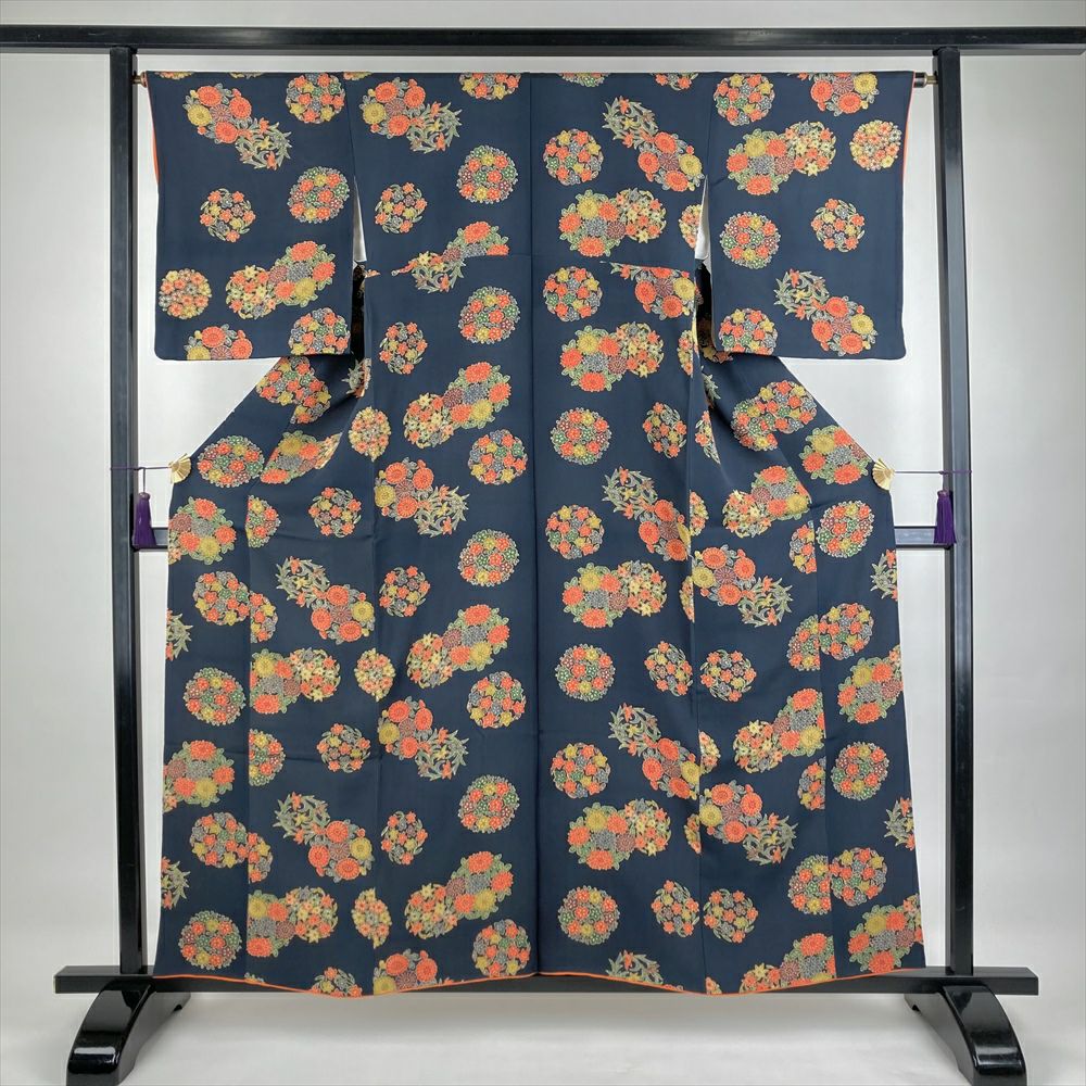 中古）小紋 鉄紺 カジュアル ちりめん 型絵染め 花の丸 袷 S【身丈