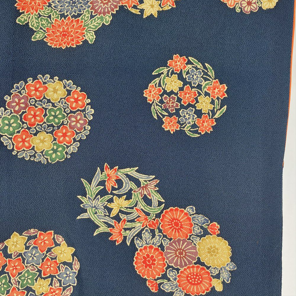 中古）小紋 鉄紺 カジュアル ちりめん 型絵染め 花の丸 袷 S【身丈
