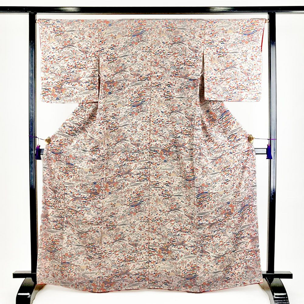 【美品】 小紋 身丈160cm 裄丈63.5cm 化繊 秀品 【中古】 美品】 小紋 身丈160cm 裄丈65.5cm M 袷 前田仁仙 仁仙花布 落款あり