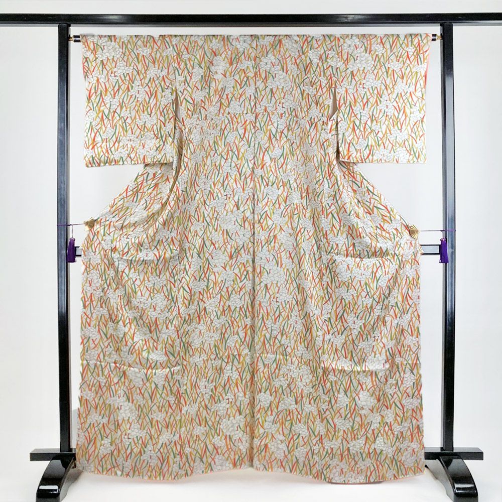 中古） 小紋 グレー 黒 カジュアル 染め 梅尽くし 袷【身丈】156.5cm