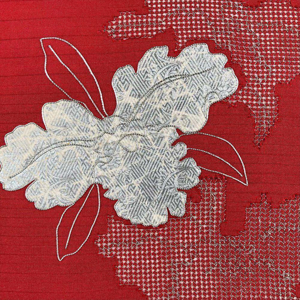 中古）夏名古屋帯 赤 カジュアル 名古屋仕立て 絽 銀彩 すかし刺繍 銀