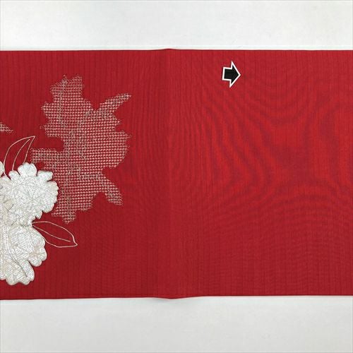 中古）夏名古屋帯 赤 カジュアル 名古屋仕立て 絽 銀彩 すかし刺繍 銀