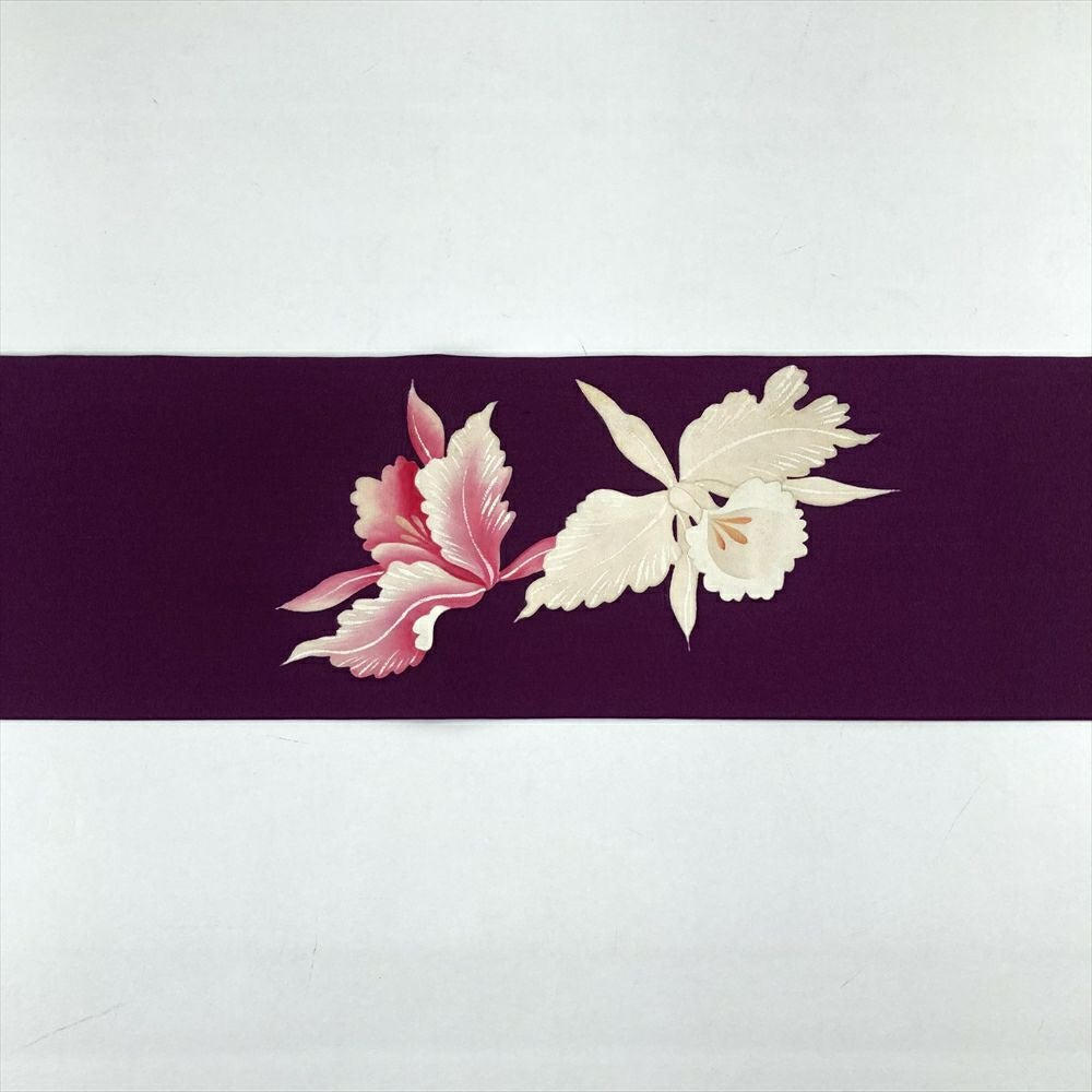 中古）名古屋帯 紫 カジュアル 名古屋仕立て 塩瀬 染め カトレア