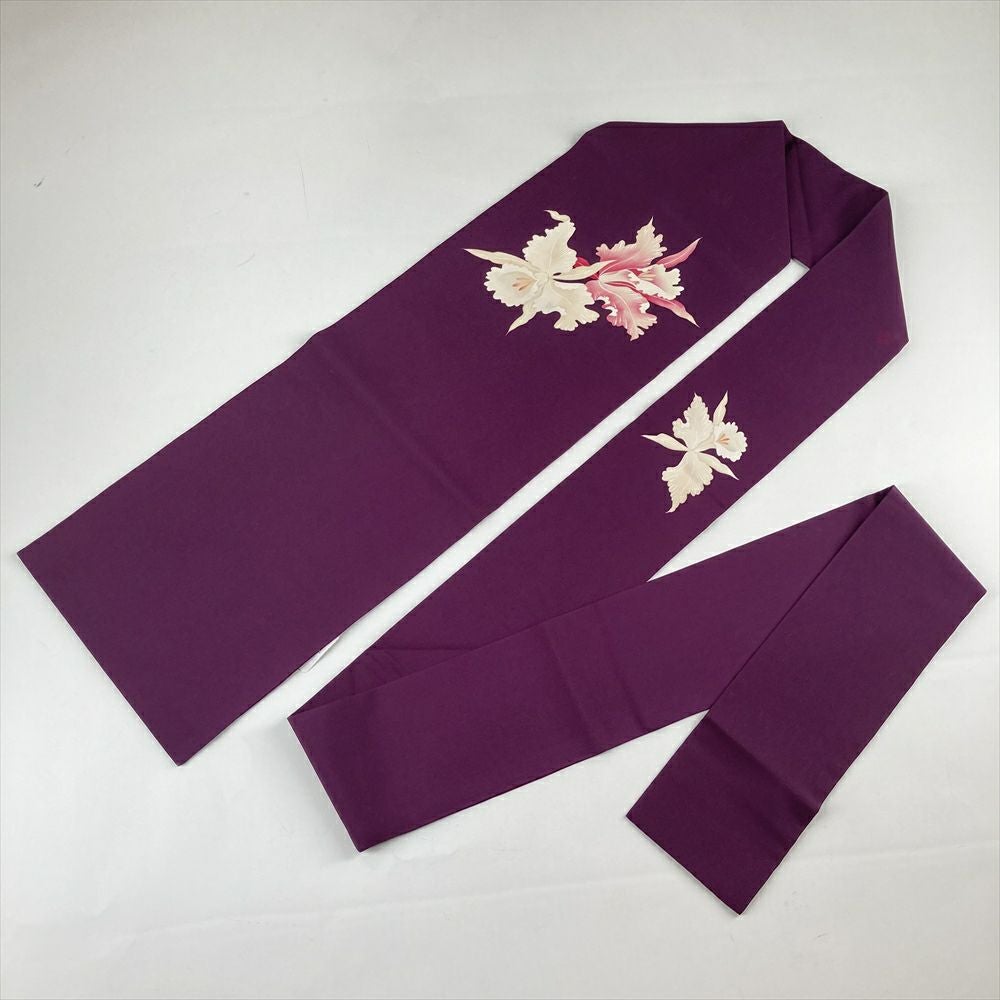 中古）名古屋帯 紫 カジュアル 名古屋仕立て 塩瀬 染め カトレア