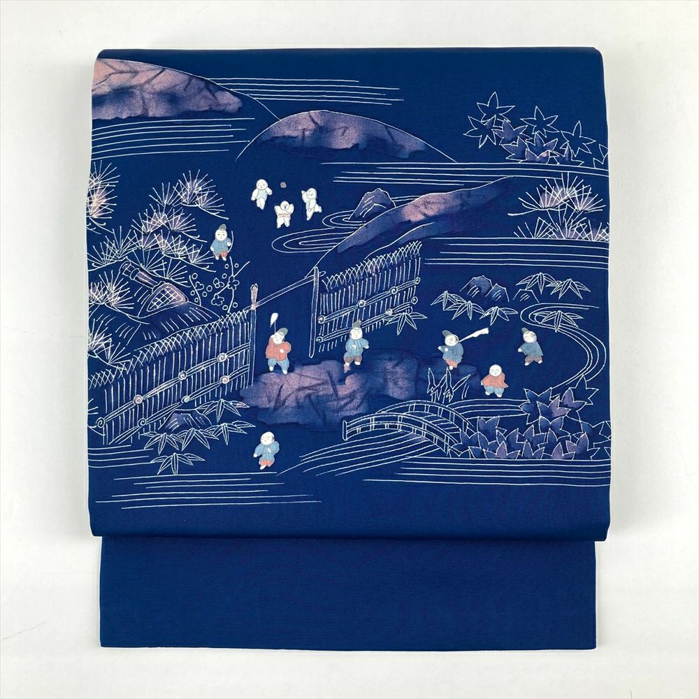 中古）九寸名古屋帯 黒 緞子 刺繍 御所人形 子供 童 「名月」 「花影