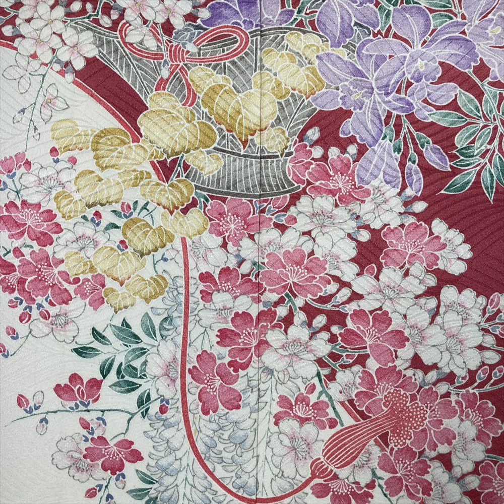 ほんのりレトロな絵巻物のように美しい花籠柄の振袖 金箔　青　ピンク　成人式 青緑地ピンク牡丹菊-夢P[ES0211] | 成人式振袖レンタル京都さがの館