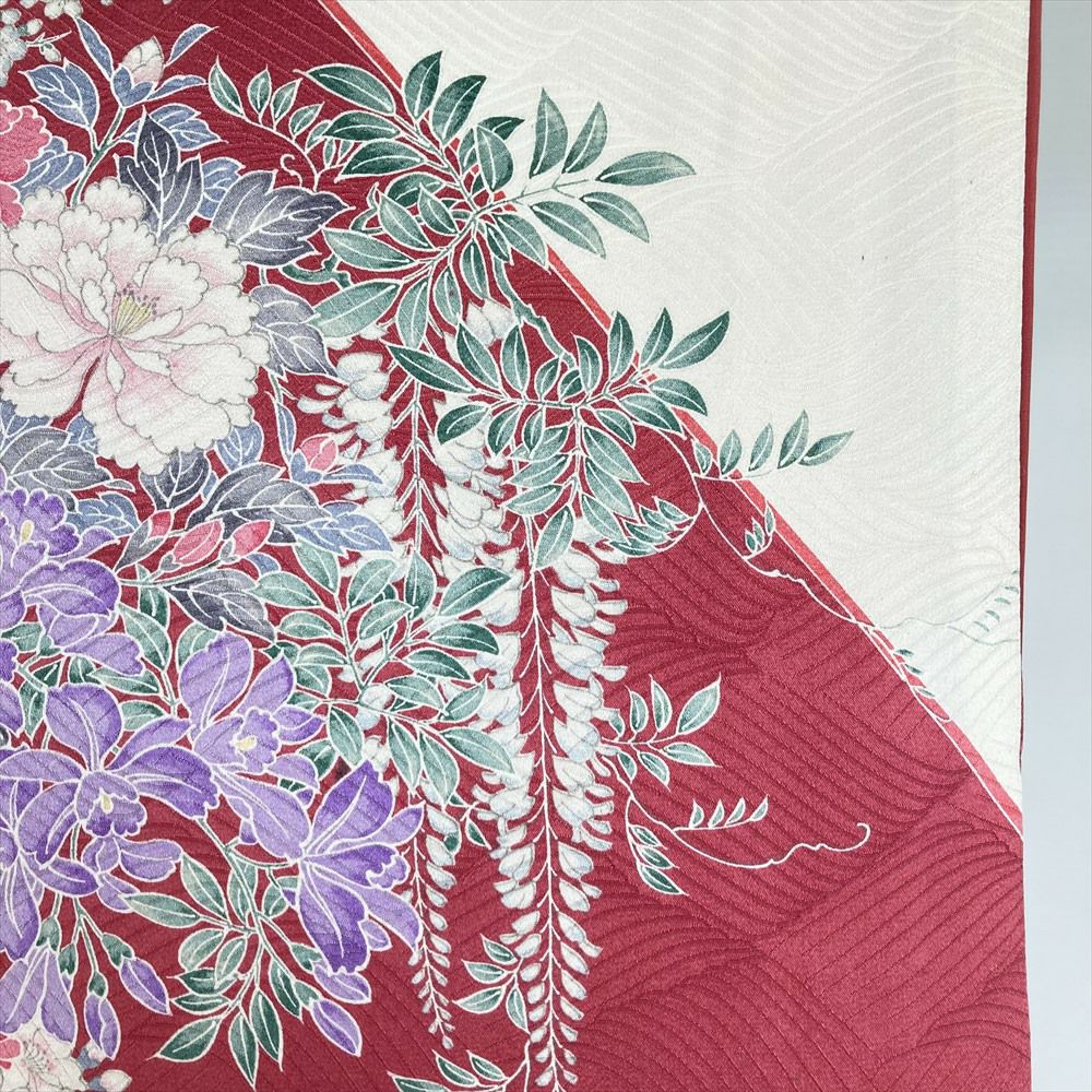 中古） 振袖 生成り 濃ピンク フォーマル 地紋織り 染め 小紋柄 花籠