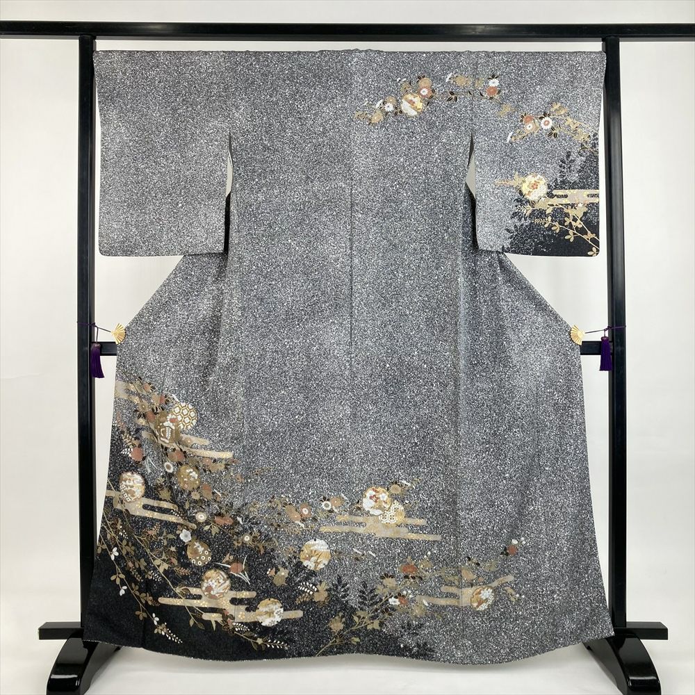 中古）訪問着 グレー フォーマル セミフォーマル 一つ紋 ちりめん 金駒
