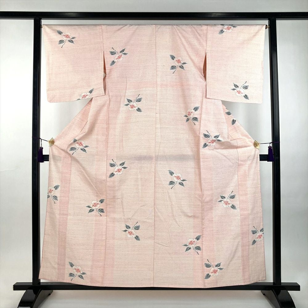 中古） 単衣紬 白 赤 カジュアル 織り 椿 ひとえ S【身丈】156cm【裄丈