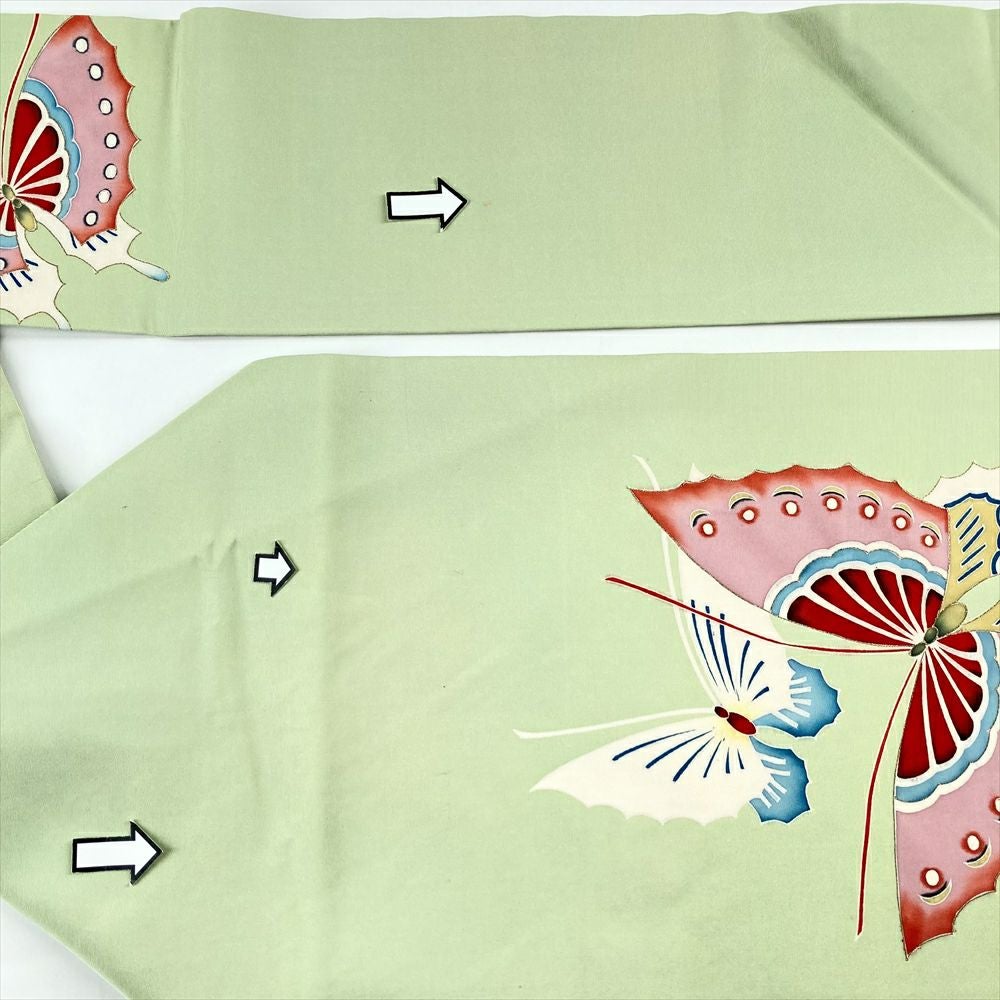 中古）名古屋帯 浅緑 カジュアル 名古屋仕立て 塩瀬 染め 金彩 蝶