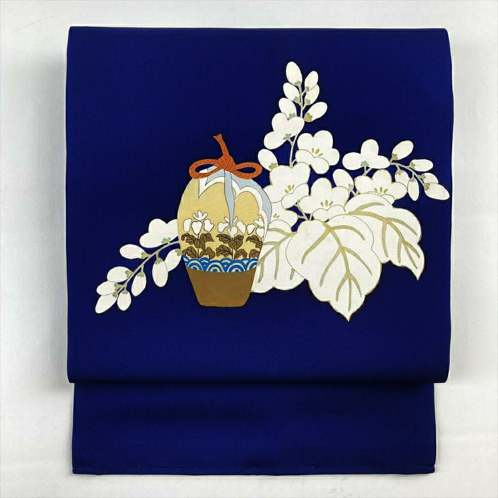 中古）名古屋帯 青色 カジュアル 名古屋仕立て 塩瀬 染め 花葉