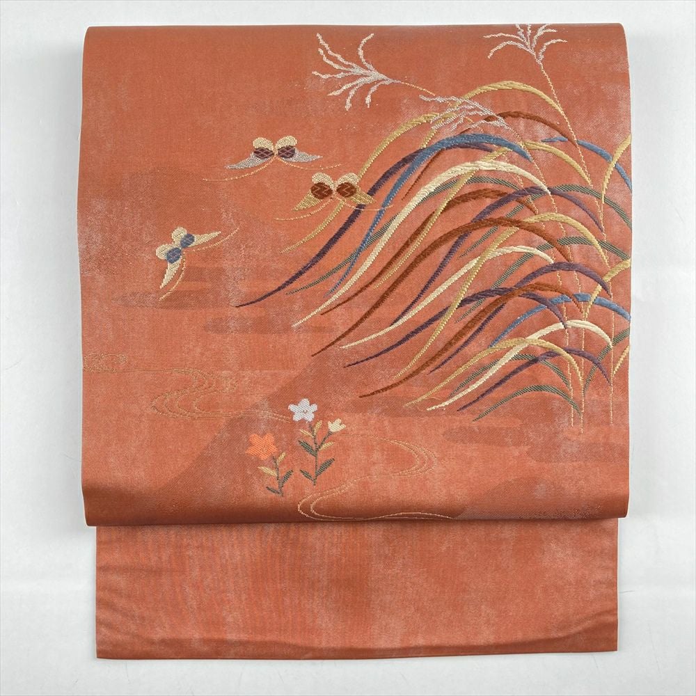 名古屋帯 オレンジ茶色ｘ紫色 金糸 うるし箔 花鳥文様 六通柄 正絹 カジュアル 着物帯 長さ368cm【中古】 000000012500-01.jpg?size=m&w=
