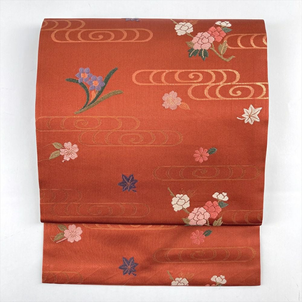 中古）九寸名古屋帯 臙脂 カジュアル 金糸 抽象柄 名古屋仕立て