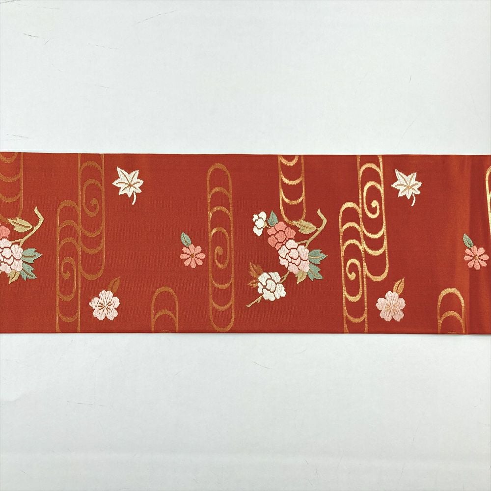 名古屋帯/未使用品/オレンジ/仕立上がり/11923 名古屋帯 正絹 八寸帯 六通柄 オレンジ 抽象柄 長さ354cm 幅31cm