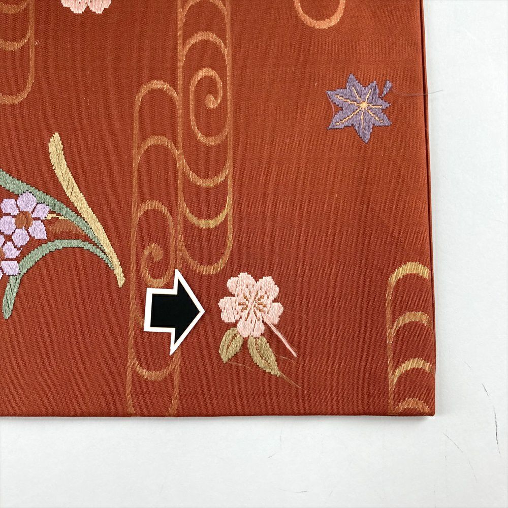 名古屋帯　渋オレンジ色系　珍しいシックで古典的模様 名古屋帯 なごや帯 リサイクル レディース 正絹 オレンジ 紬 抽象柄 長
