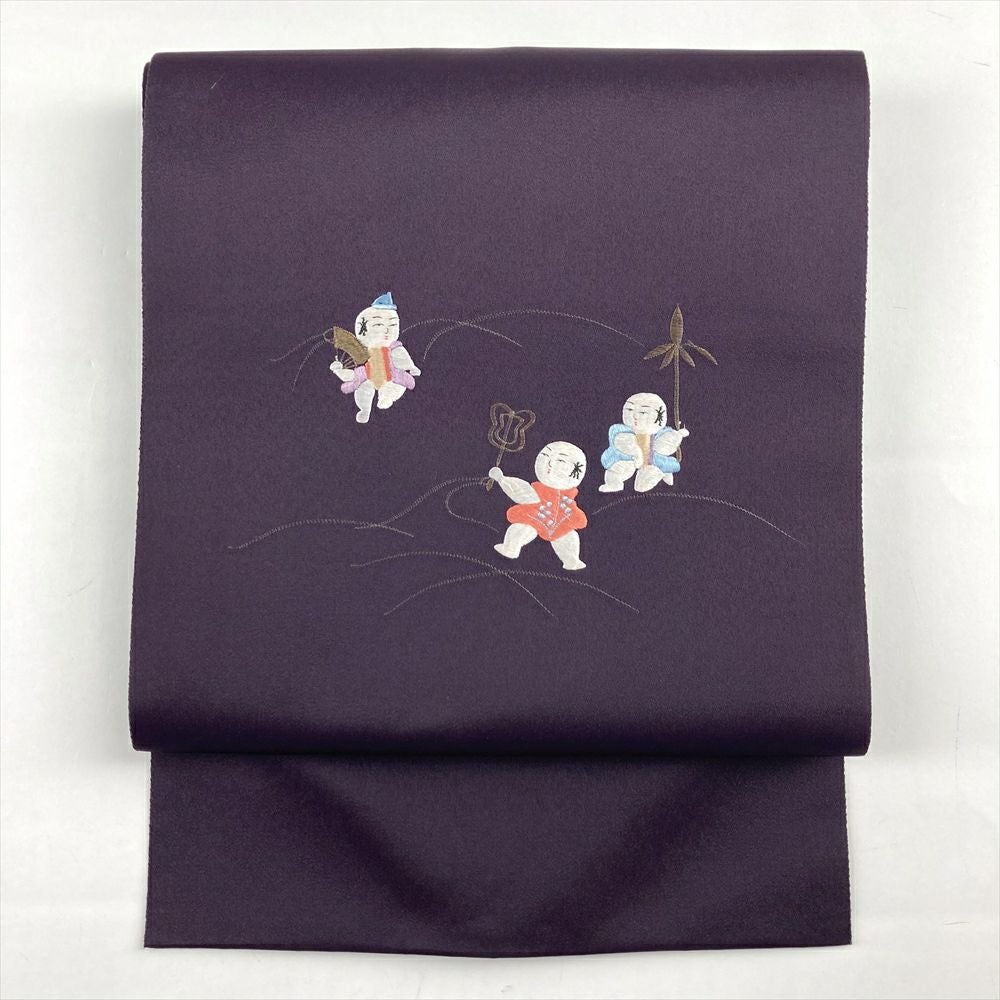 中古）名古屋帯 白金 カジュアル 名古屋仕立て 蘇州刺繍 唐子 絹