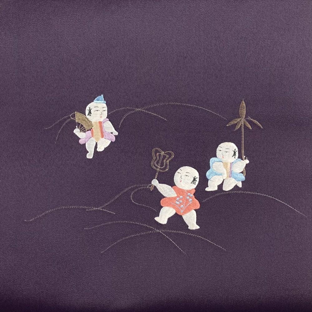 中古）名古屋帯 紫 カジュアル 名古屋仕立て 刺繍 わらべ 扇 軍配 槍