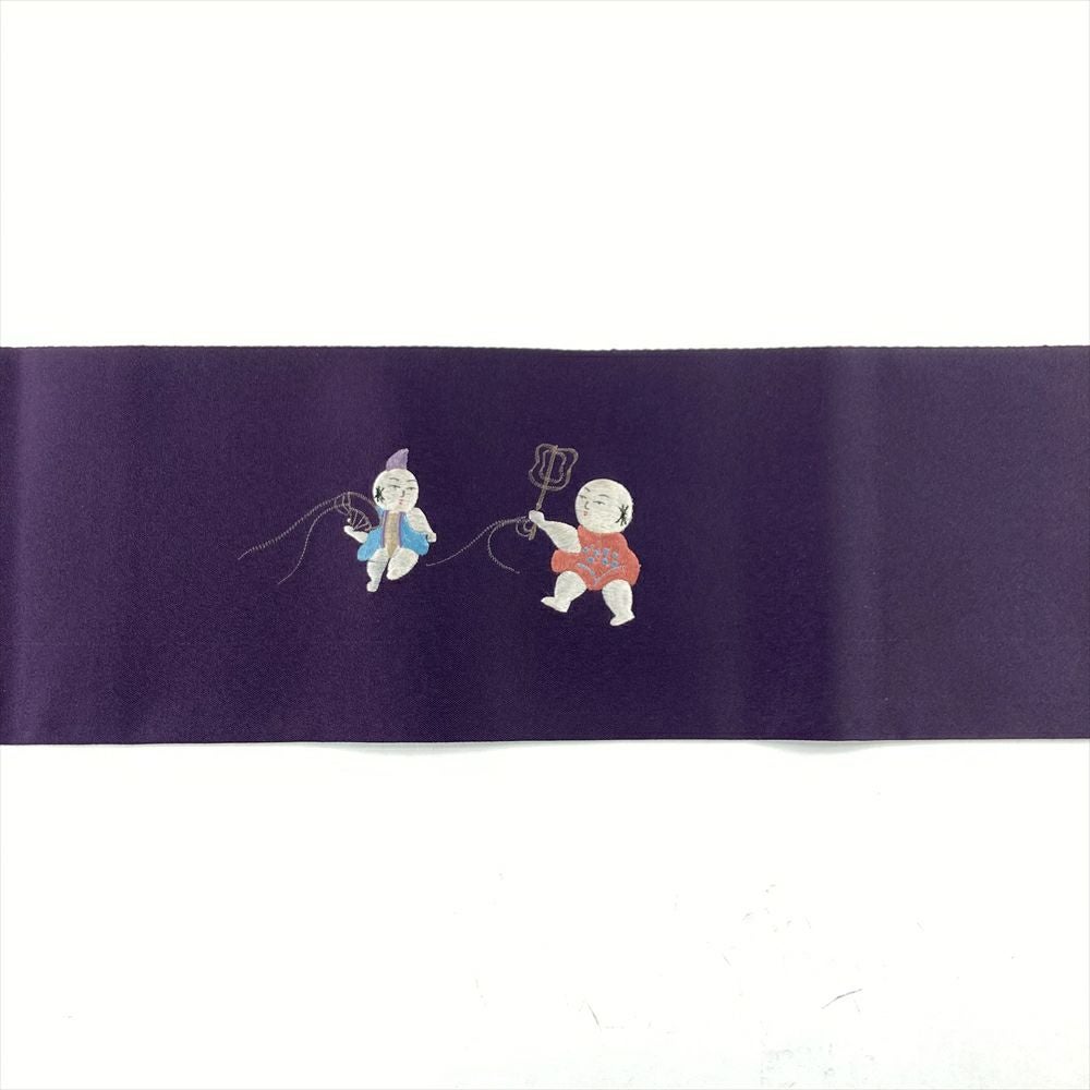 中古）名古屋帯 紫 カジュアル 名古屋仕立て 刺繍 わらべ 扇 軍配 槍
