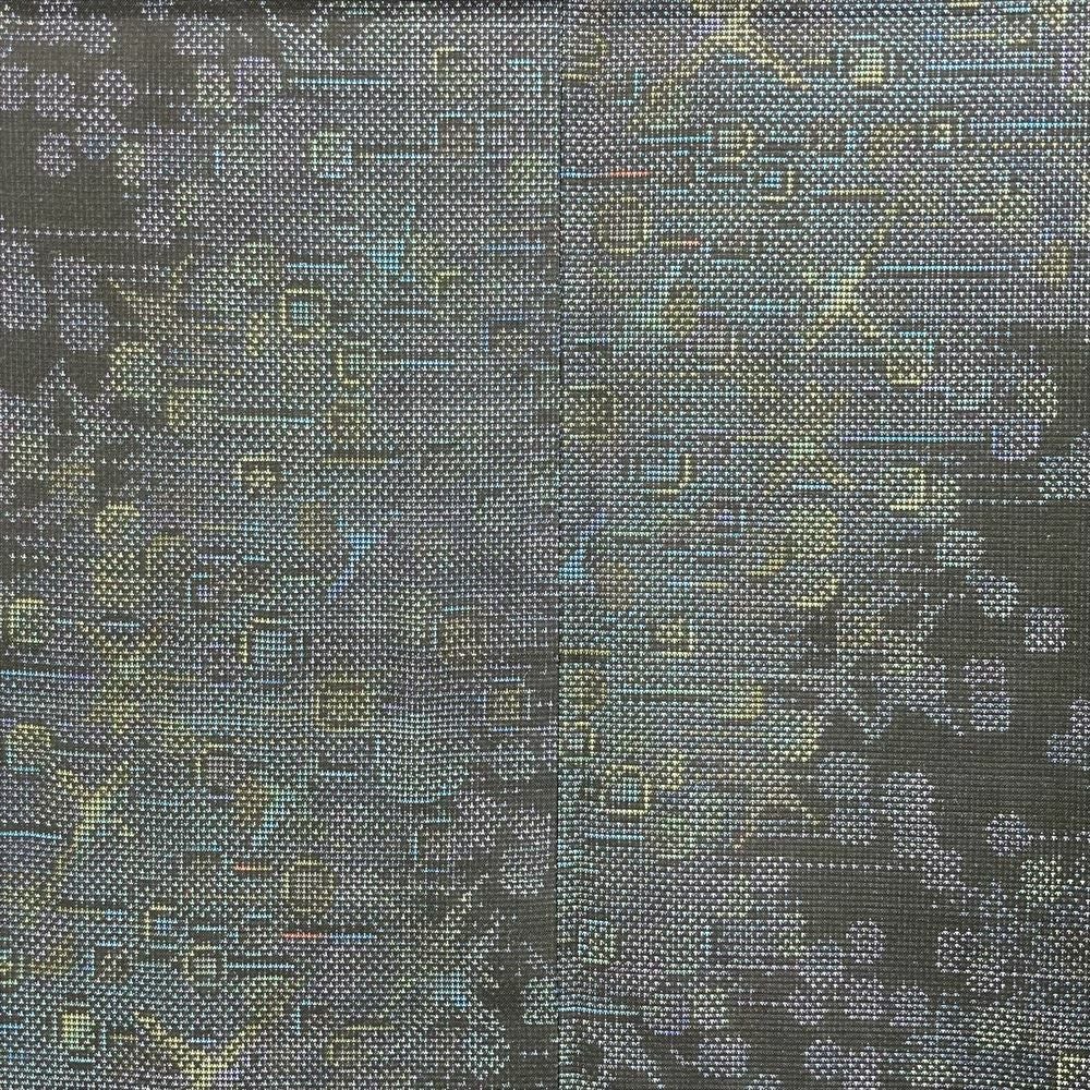 白大島紬　黒　紅　藍　海浜風景　七マルキ　T582 中古） 大島紬 黒 藍色 紺 カジュアル 7マルキ 抽象柄 袷 S【身丈