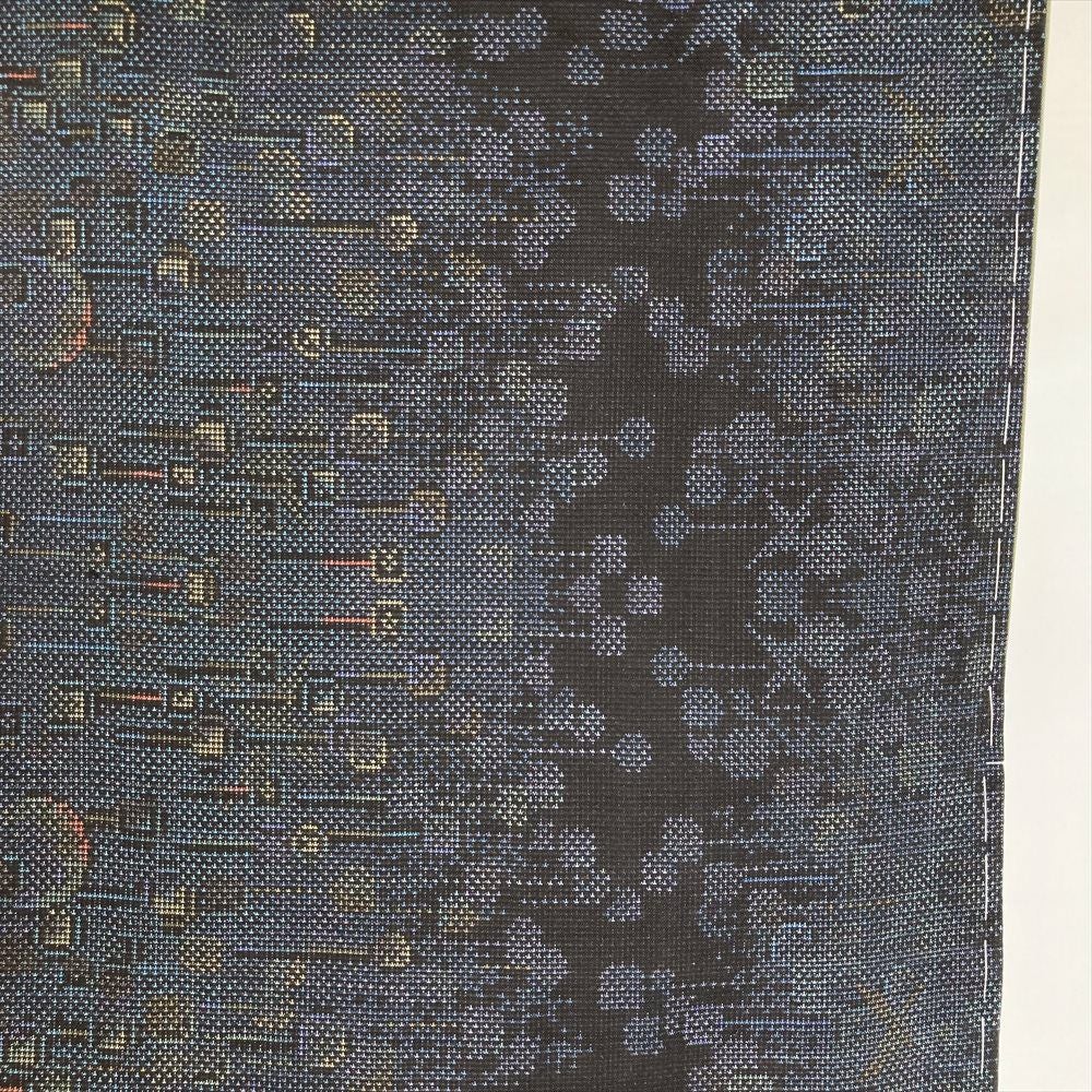 本場大島紬 着物 袷 7マルキ 黒 菊 花 裄64.5 Ｍ 新古品 sn1670 本場大島紬 袷 着物 正絹 7マルキ 一元式 黒こげ茶 雪輪 花