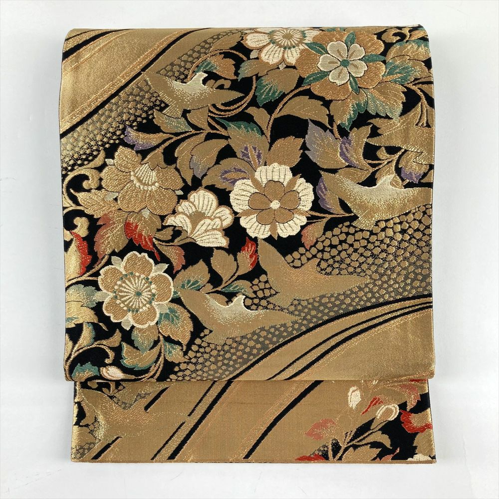 中古）振袖用袋帯 金 フォーマル 六通 金糸 引き箔 花の丸文様 絹