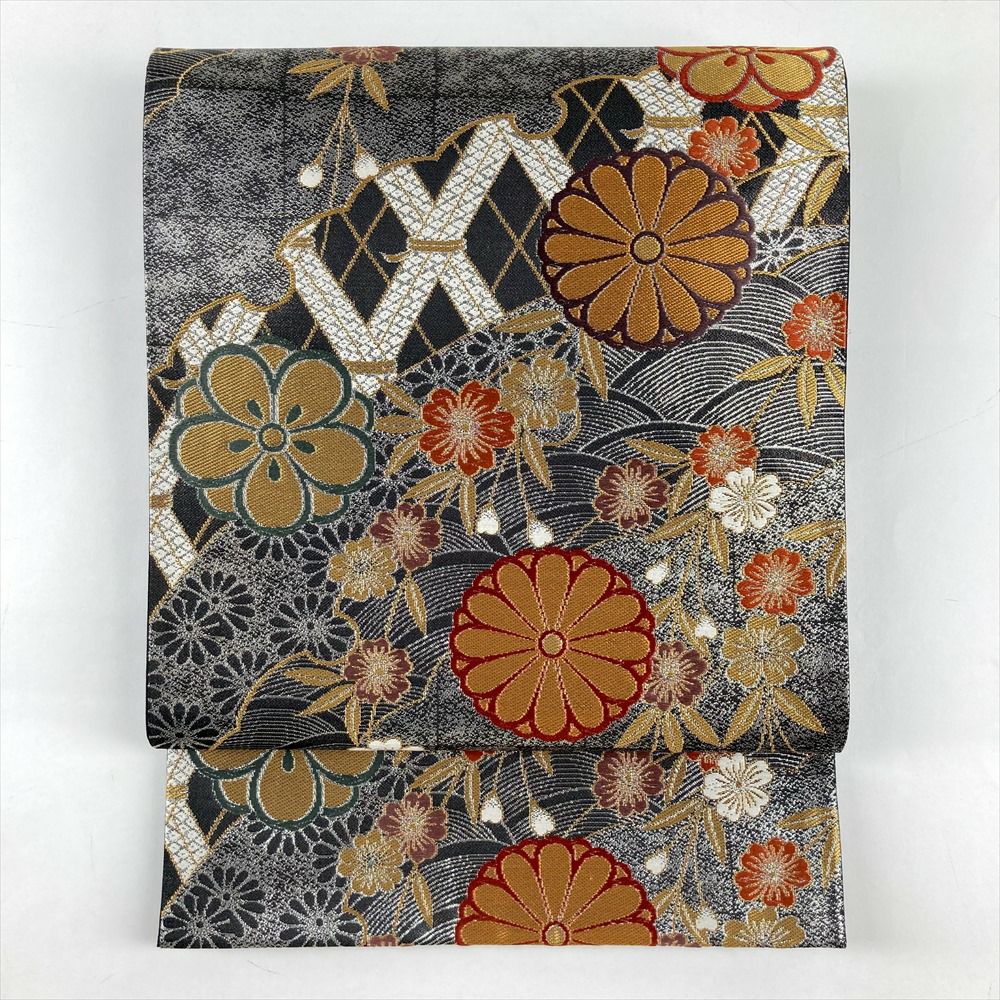 中古）袋帯 銀 フォーマル セミフォーマル 六通 切箔 雪輪青海波 菊 桜