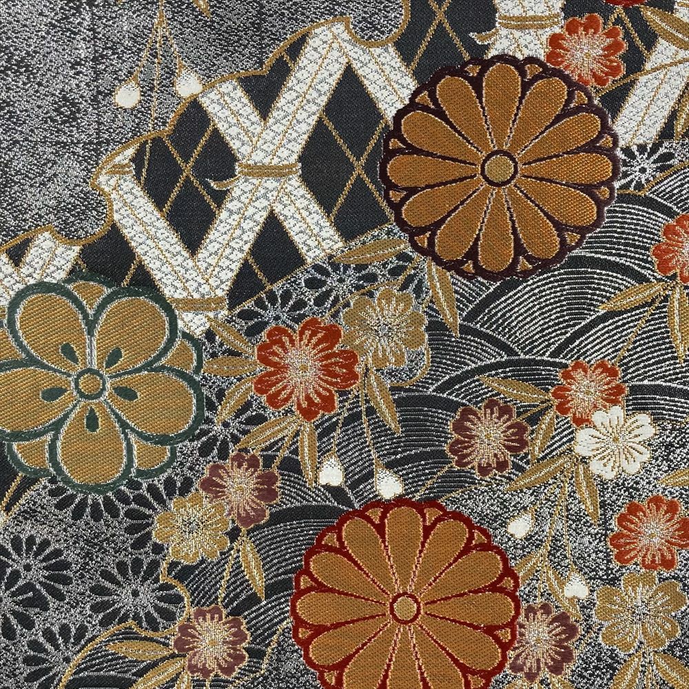 中古）袋帯 銀 フォーマル セミフォーマル 六通 切箔 雪輪青海波 菊 桜