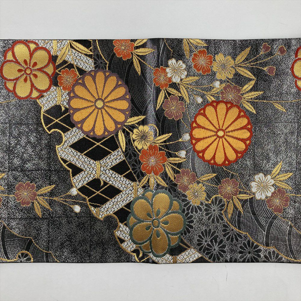 中古）袋帯 銀 フォーマル セミフォーマル 六通 切箔 雪輪青海波 菊 桜