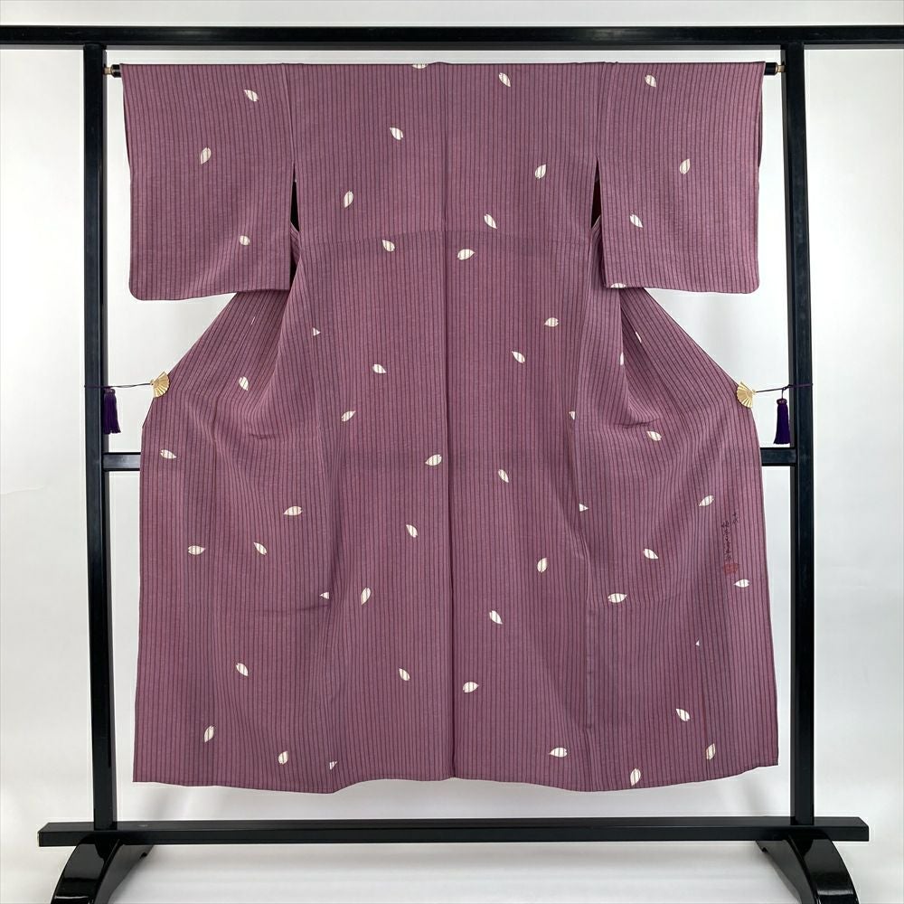 中古）小紋 紫 ポリエステル 洗える 菊 桜 絣 袷 SS【身丈】146.5cm