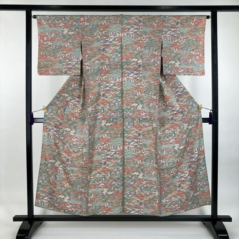 中古）単衣江戸小紋 緑 カジュアル 万筋 ひとえ SS【身丈】146.5cm【裄