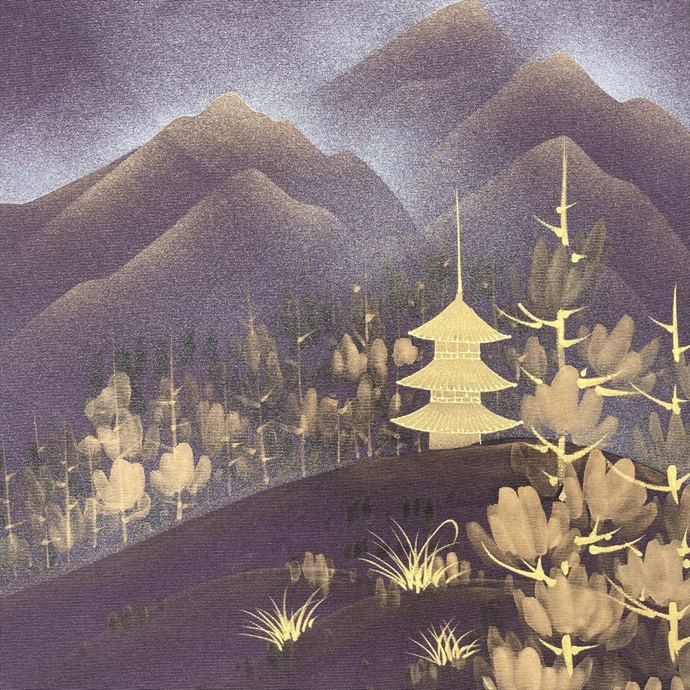開き名古屋帯 中古 塩瀬 三越扱い 風景 植物模様 絹鼠色 多色 A841-11 正絹 名古屋帯染め帯 リサイクル 九寸名古屋帯草木染め 塩瀬 染め