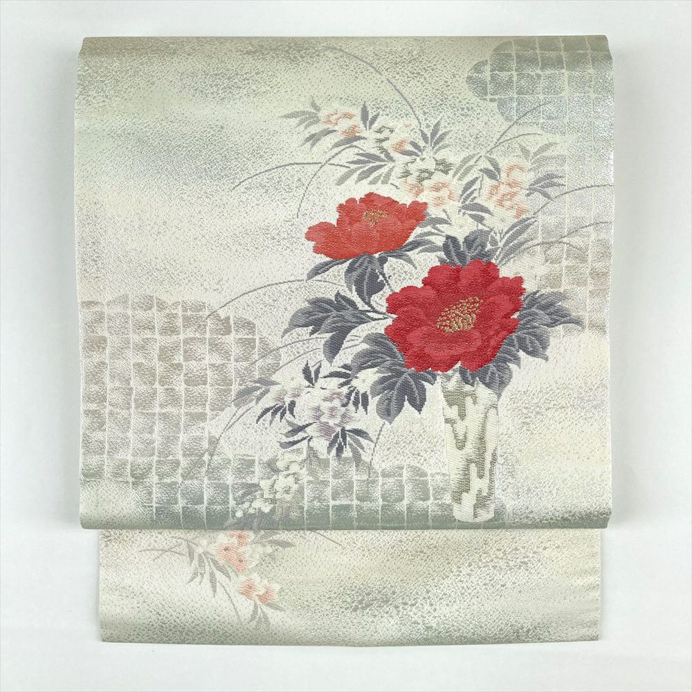 中古)九寸名古屋帯 オレンジ地 名古屋仕立て 金銀糸 扇面 菊 中古)九寸名古屋帯 オレンジ地 名古屋仕立て 金銀糸 扇面 菊
