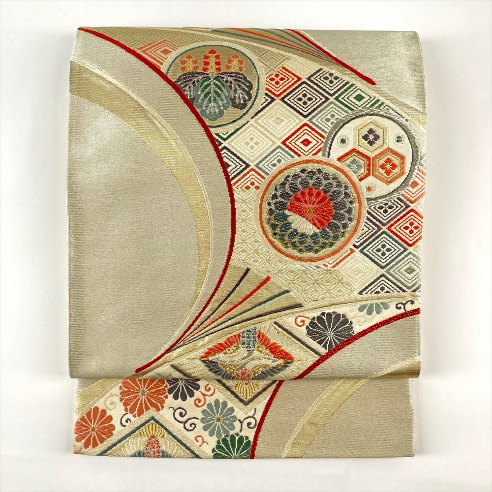袋帯 切りばめ 金糸 濃灰緑 扇 菊 梅 竹 カジュアル 絹 中古 kp1894 中古）袋帯 緑 金 フォーマル 六通 織り 引き箔 金糸 色糸 扇面 雪輪