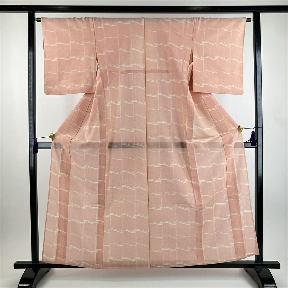 中古） 夏紬 赤 生成 カジュアル 絣 屋根瓦柄 S 【身丈】155.5cm【裄丈