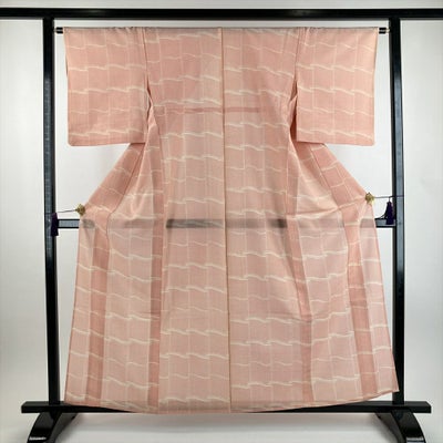 中古） 夏紬 赤 生成 カジュアル 絣 屋根瓦柄 S 【身丈】155.5cm【裄丈 