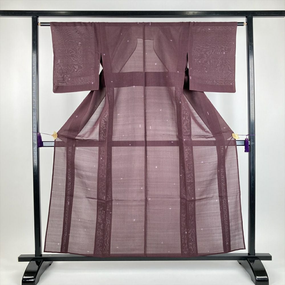 中古）夏紬 赤茶 カジュアル 絣 みじん格子 SS【身丈】153.5cm【裄丈】62cm