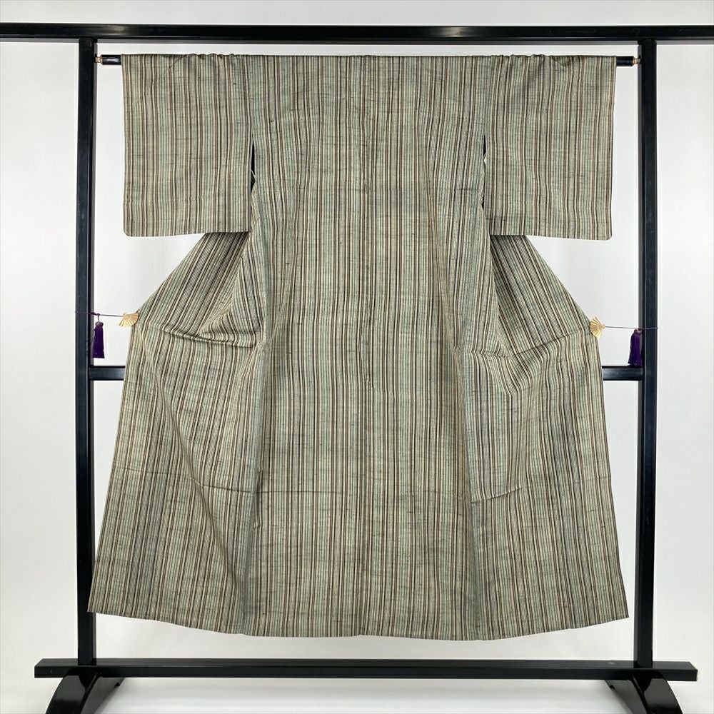 中古）夏紬 深緑 カジュアル 織り 縞 SS【身丈】145.5cm【裄丈】63cm