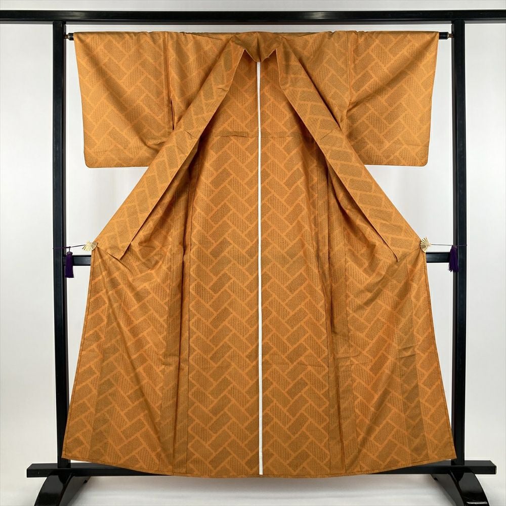 中古） 単衣紬 オレンジ カジュアル 織り 桧垣 ひとえ S【身丈】156cm
