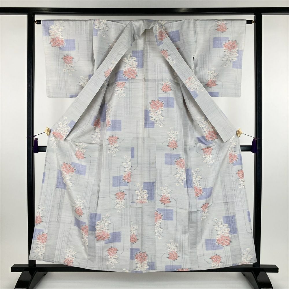中古） 単衣紬 薄グレー カジュアル 絣 花 ひとえ S【身丈】155cm【裄