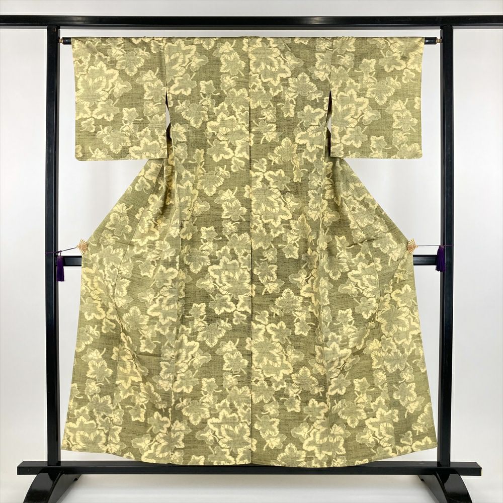 中古） 単衣紬 薄黄 薄墨 カジュアル 織り 梶の葉 ひとえ SS【身丈